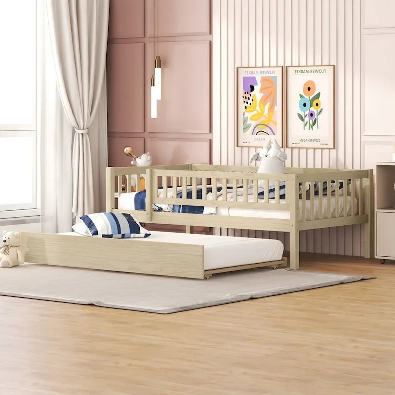 Lit de repos double en bois avec lit gigogne et garde-corps
