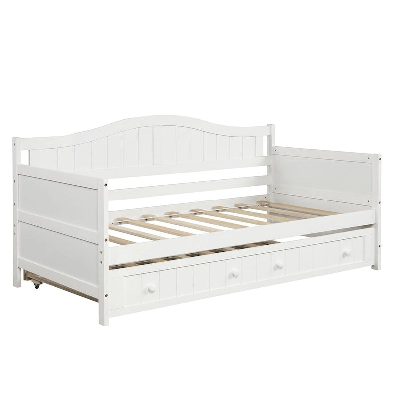 Lit de repos double en pin avec lit gigogne – Design à rainures et languettes