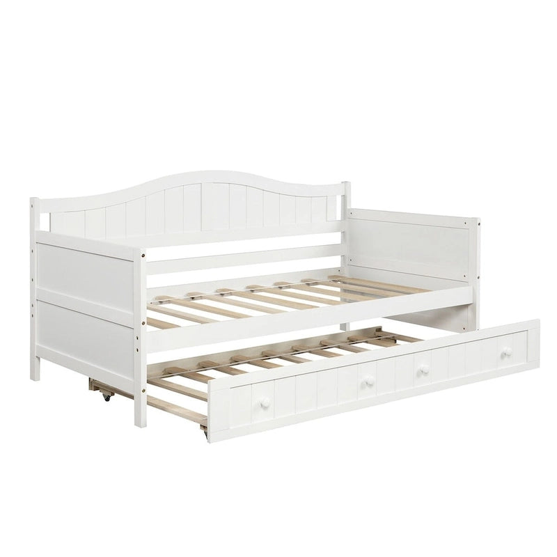 Lit de repos double en pin avec lit gigogne – Design à rainures et languettes