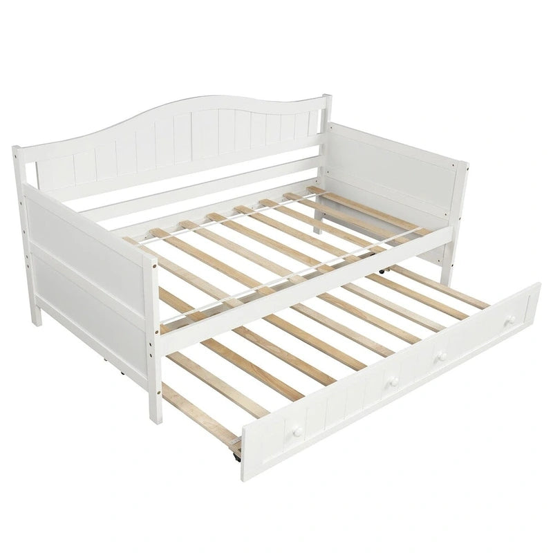 Lit de repos double en pin avec lit gigogne – Design à rainures et languettes