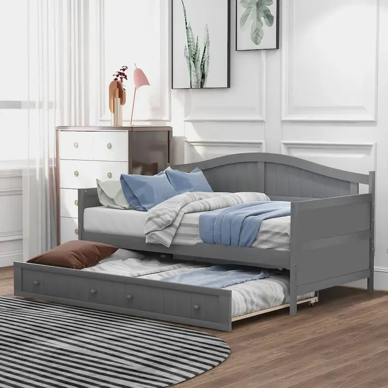 Lit de repos double en pin avec lit gigogne – Design à rainures et languettes