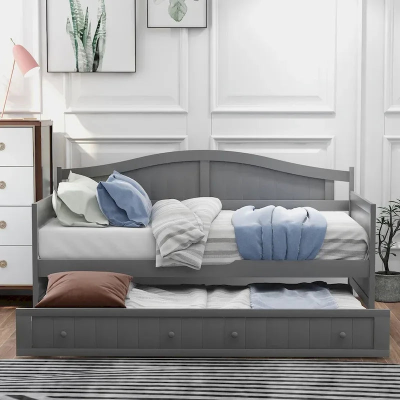 Lit de repos double en pin avec lit gigogne – Design à rainures et languettes