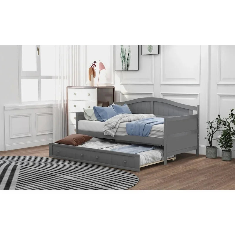 Lit de repos double en pin avec lit gigogne – Design à rainures et languettes