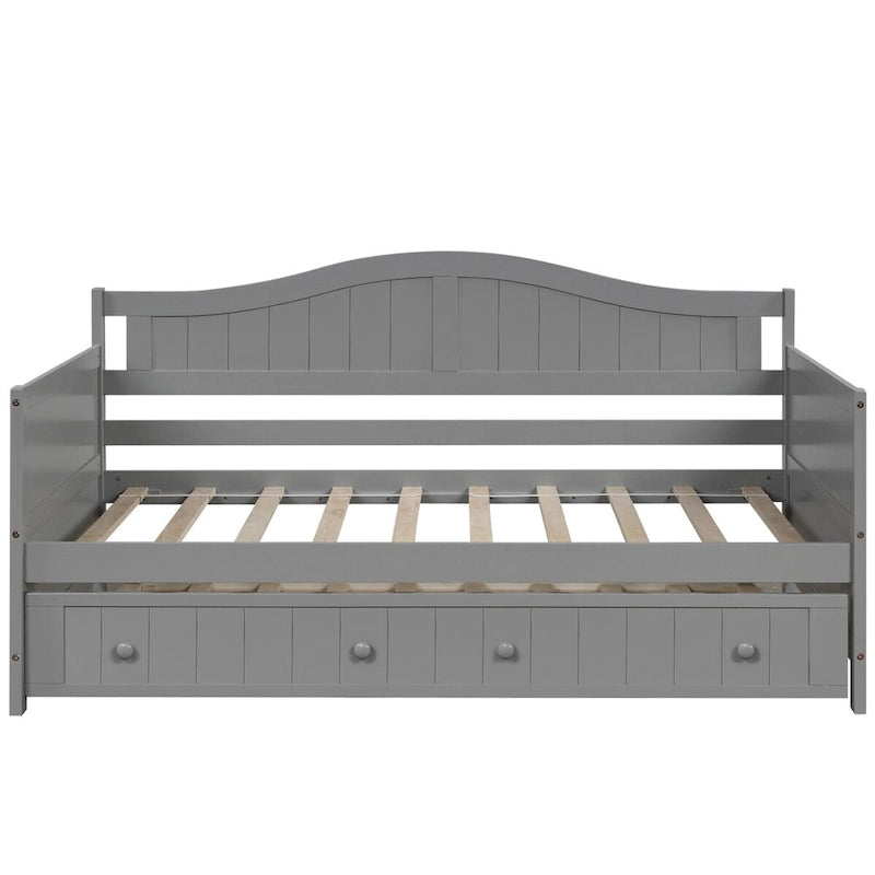 Lit de repos double en pin avec lit gigogne – Design à rainures et languettes