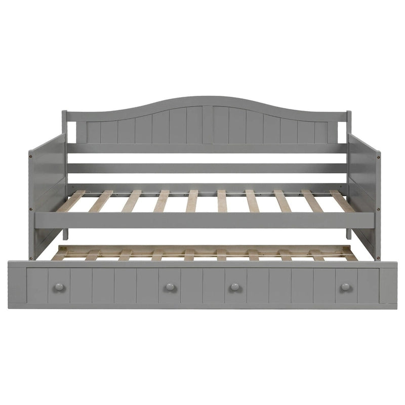 Lit de repos double en pin avec lit gigogne – Design à rainures et languettes