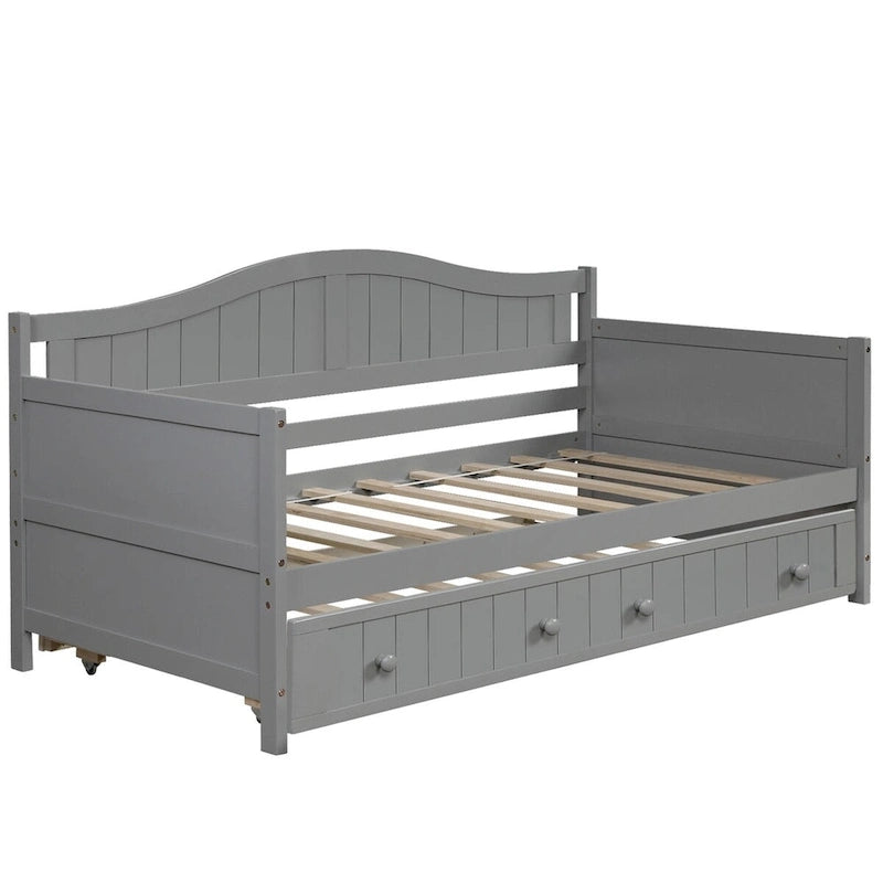 Lit de repos double en pin avec lit gigogne – Design à rainures et languettes