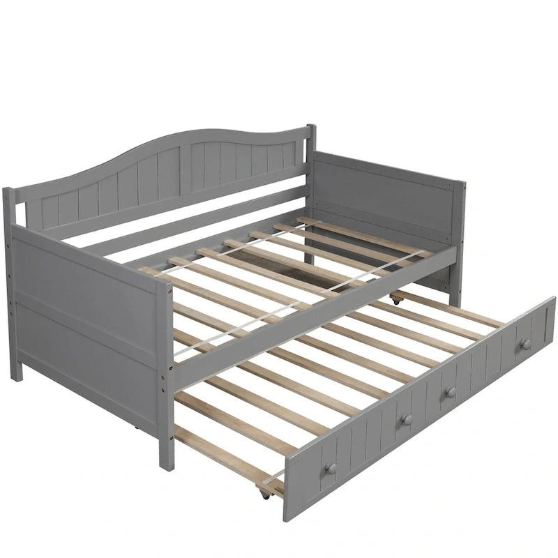 Lit de repos double en pin avec lit gigogne – Design à rainures et languettes