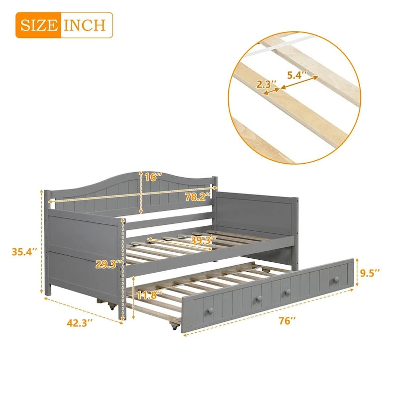 Lit de repos double en pin avec lit gigogne – Design à rainures et languettes