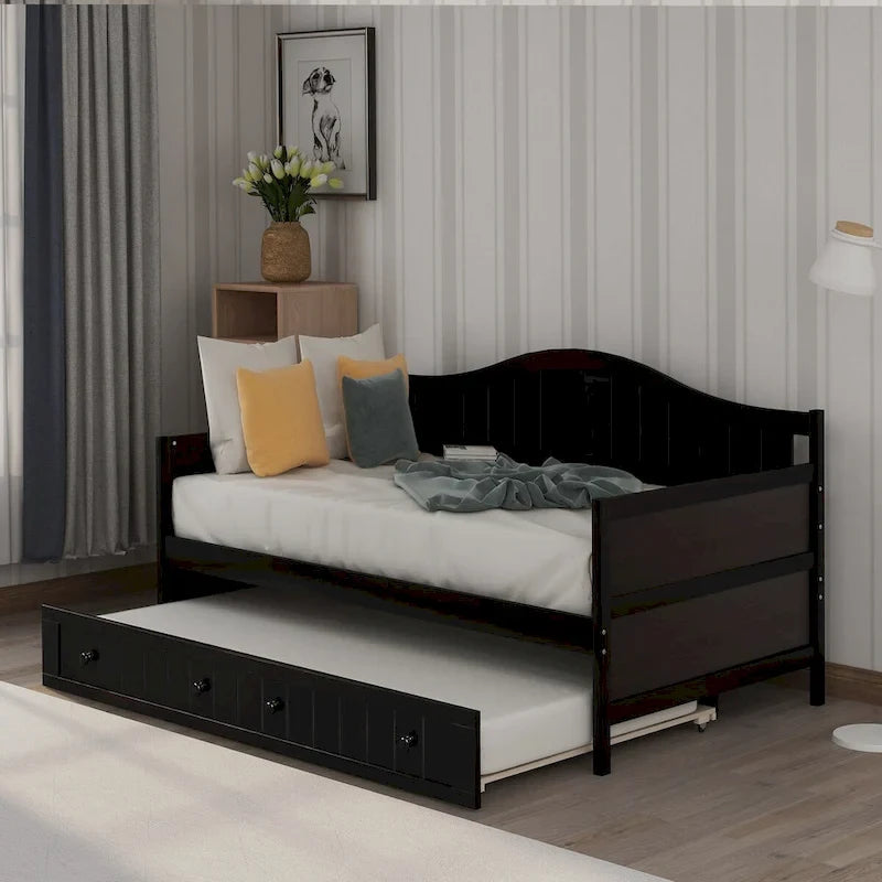 Lit de repos double en pin avec lit gigogne – Design à rainures et languettes