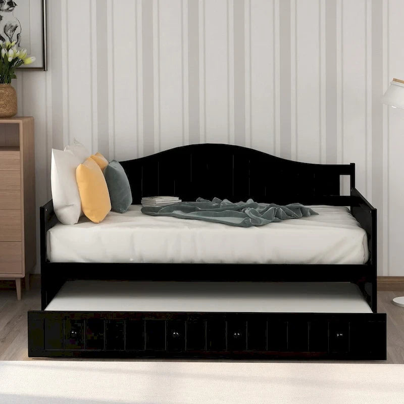 Lit de repos double en pin avec lit gigogne – Design à rainures et languettes