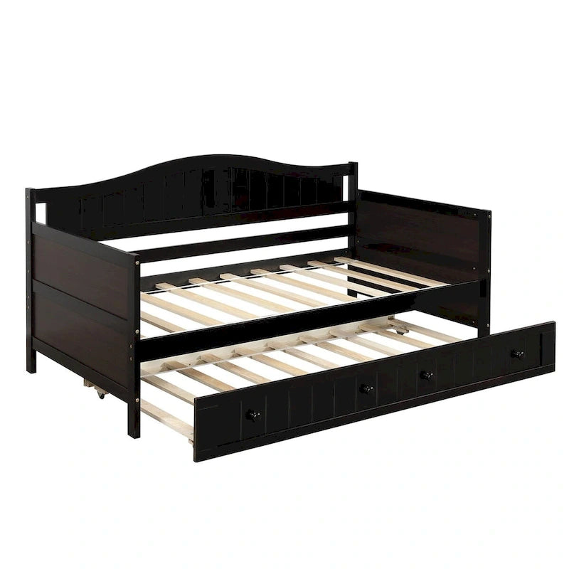 Lit de repos double en pin avec lit gigogne – Design à rainures et languettes