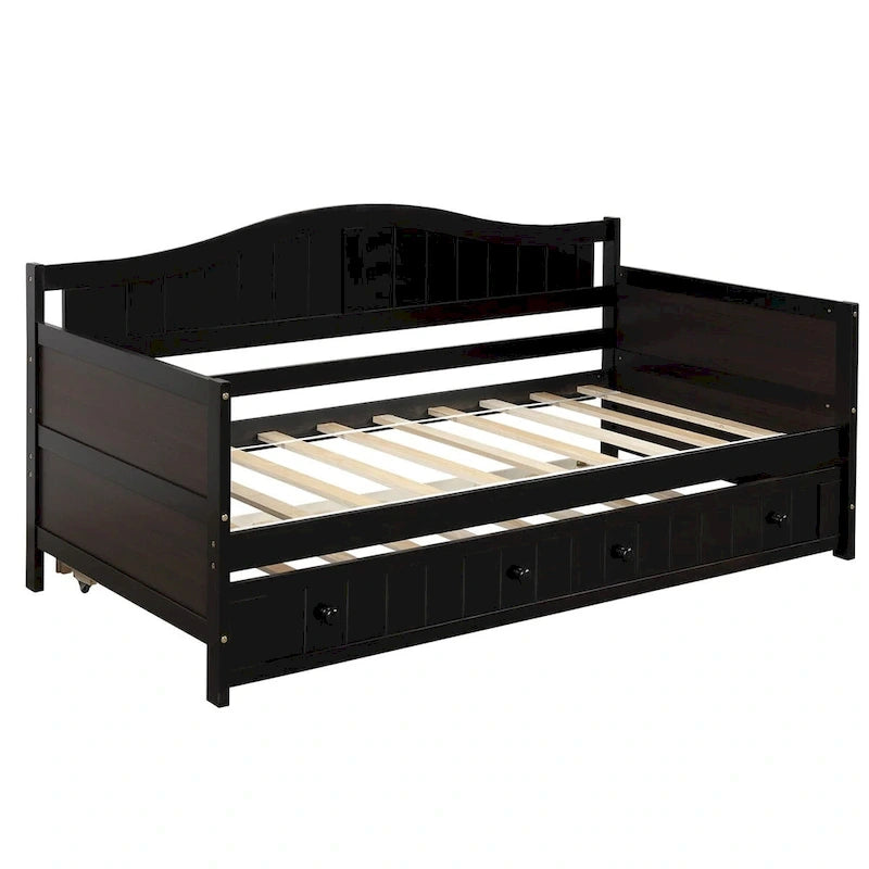Lit de repos double en pin avec lit gigogne – Design à rainures et languettes