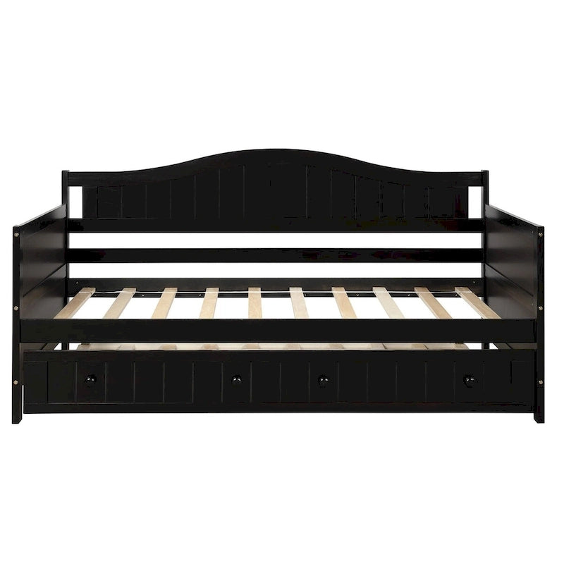 Lit de repos double en pin avec lit gigogne – Design à rainures et languettes