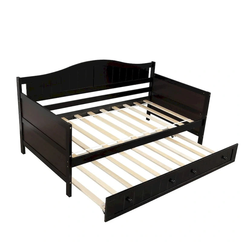 Lit de repos double en pin avec lit gigogne – Design à rainures et languettes