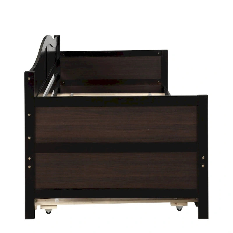 Lit de repos double en pin avec lit gigogne – Design à rainures et languettes