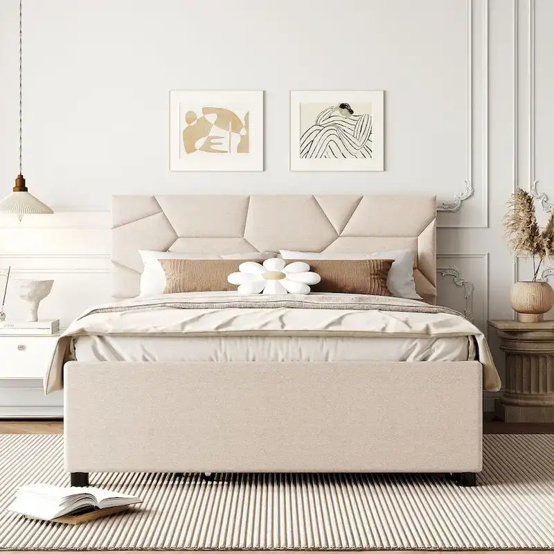 Lit plateforme tapissé de lin avec tête de lit motif brique et lit gigogne