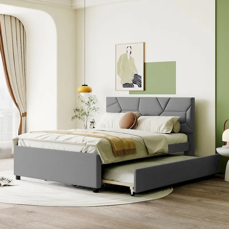 Lit plateforme tapissé de lin avec tête de lit motif brique et lit gigogne