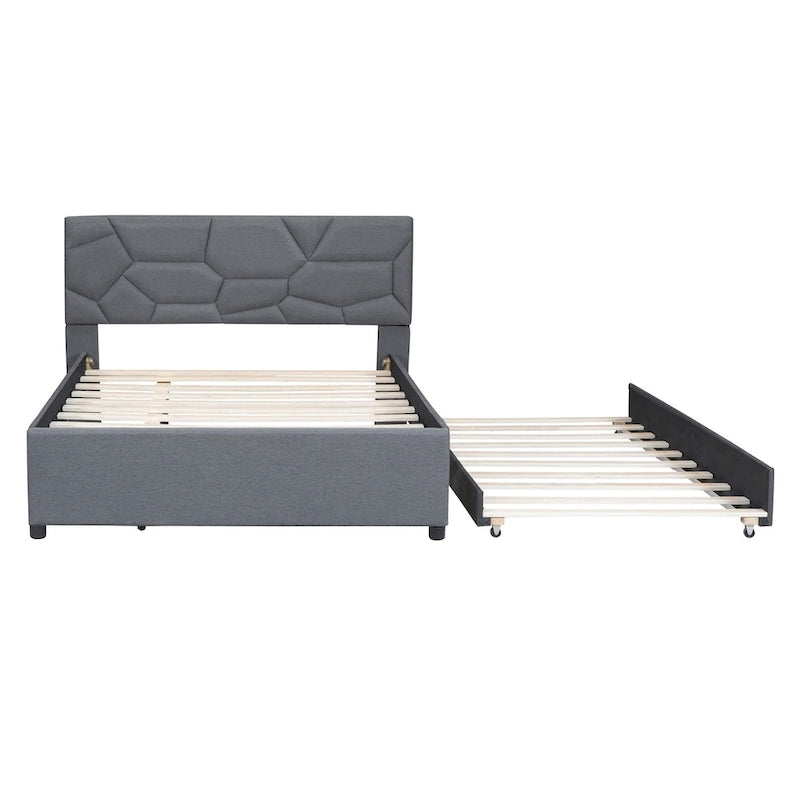 Lit plateforme tapissé de lin avec tête de lit motif brique et lit gigogne