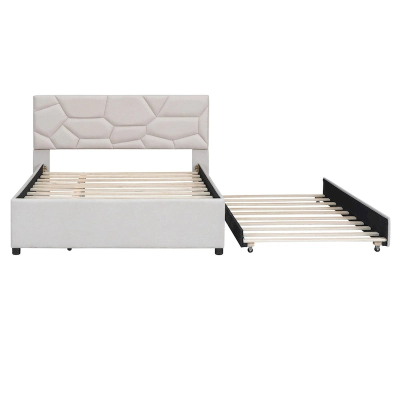 Lit plateforme tapissé de lin avec tête de lit motif brique et lit gigogne
