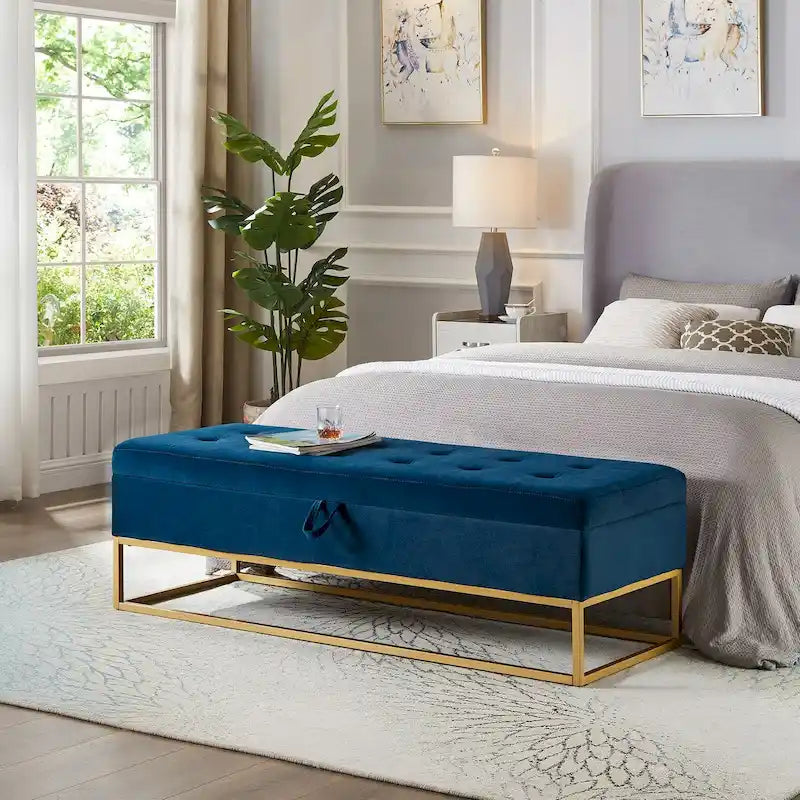 Banc de rangement en velours avec plateau capitonné et base en métal doré – Rose / Bleu marine
