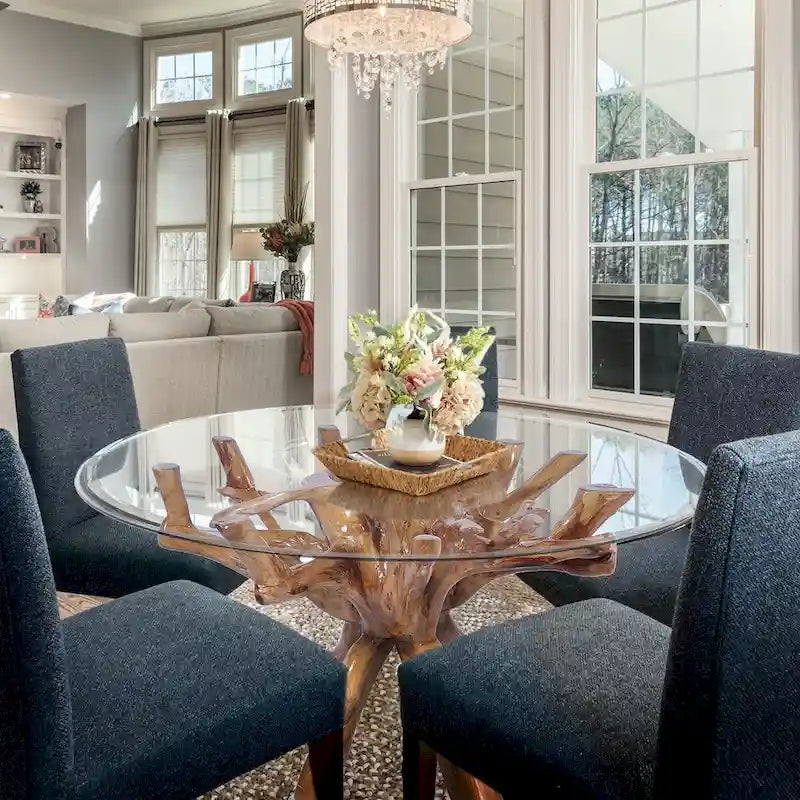 Table à manger rustique en racine de teck avec plateau en verre rond de 48 po