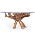Table à manger rustique en racine de teck avec plateau en verre rond de 48 po