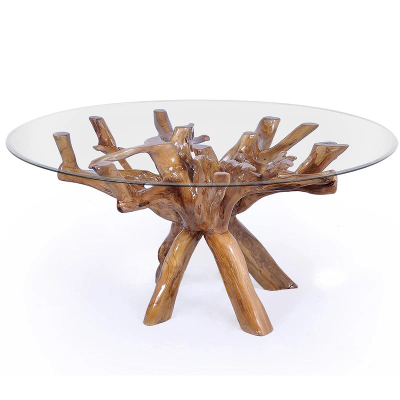 Table à manger rustique en racine de teck avec plateau en verre rond de 48 po
