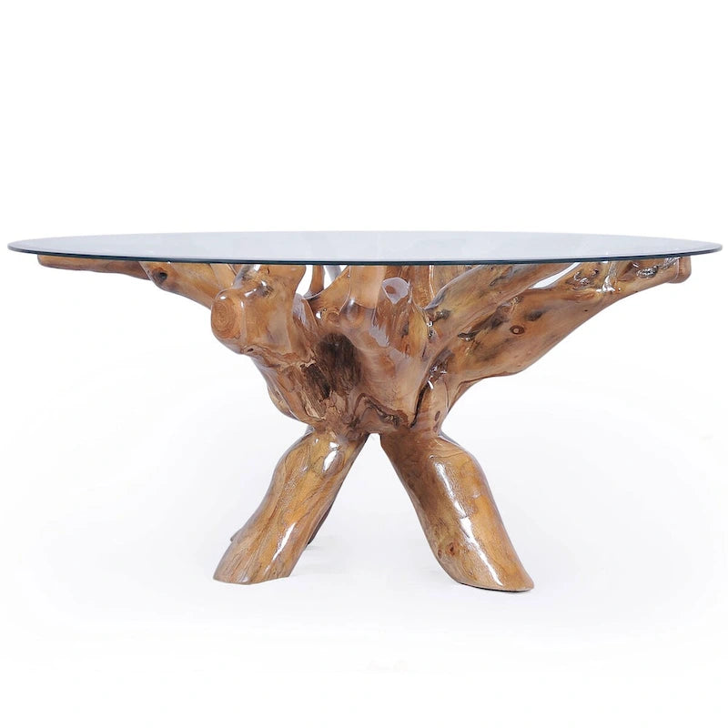 Table à manger rustique en racine de teck avec plateau en verre rond de 48 po