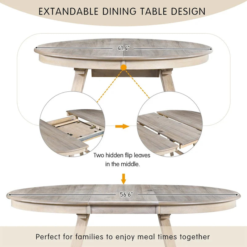 Table à manger ronde extensible en bois avec pieds en hévéa
